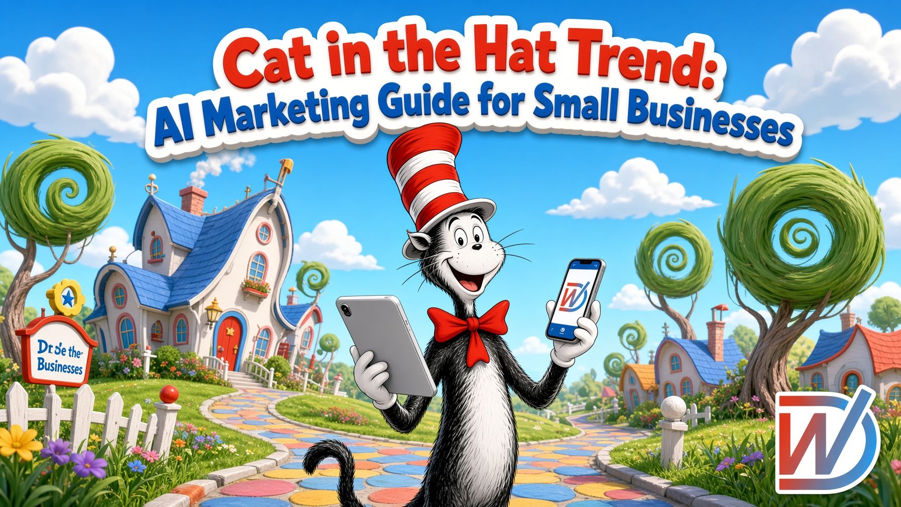LinkedIn post: Cat in the Hat Trend: AI Marketing Guide for Small Businesses. Learn how small b