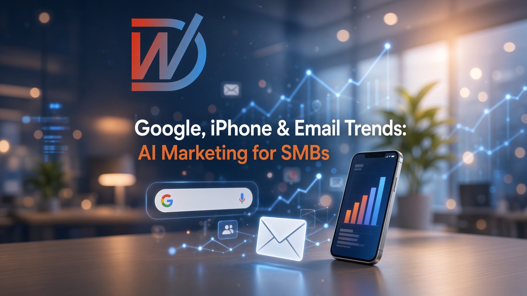 Instagram post: Google, iPhone & Email Trends: AI Marketing for SMBs. Learn how small businesses