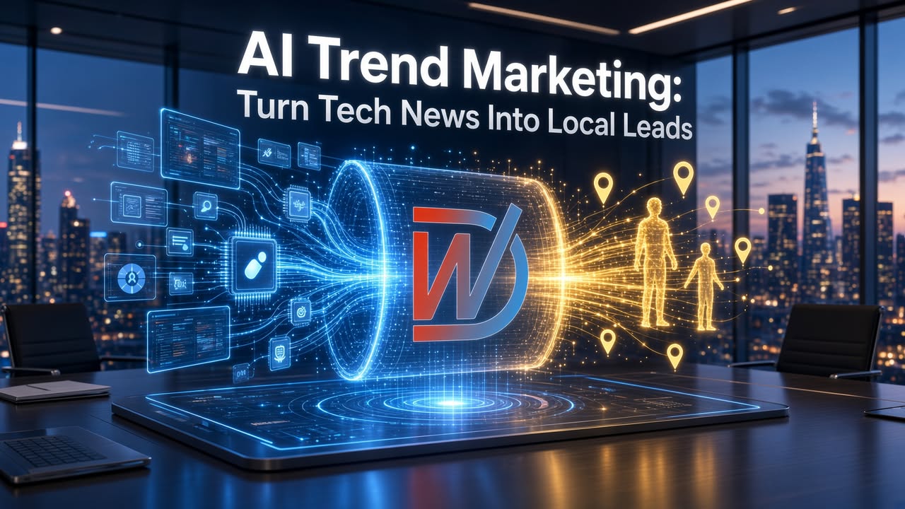 Facebook post: AI Trend Marketing: Turn Tech News Into Local Leads. Learn how small businesses 