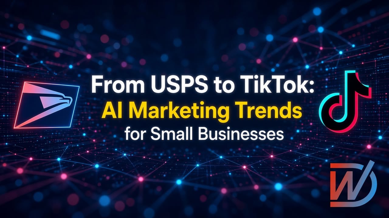 Facebook post: From USPS to TikTok: AI Marketing Trends for Small Businesses. Learn how small b